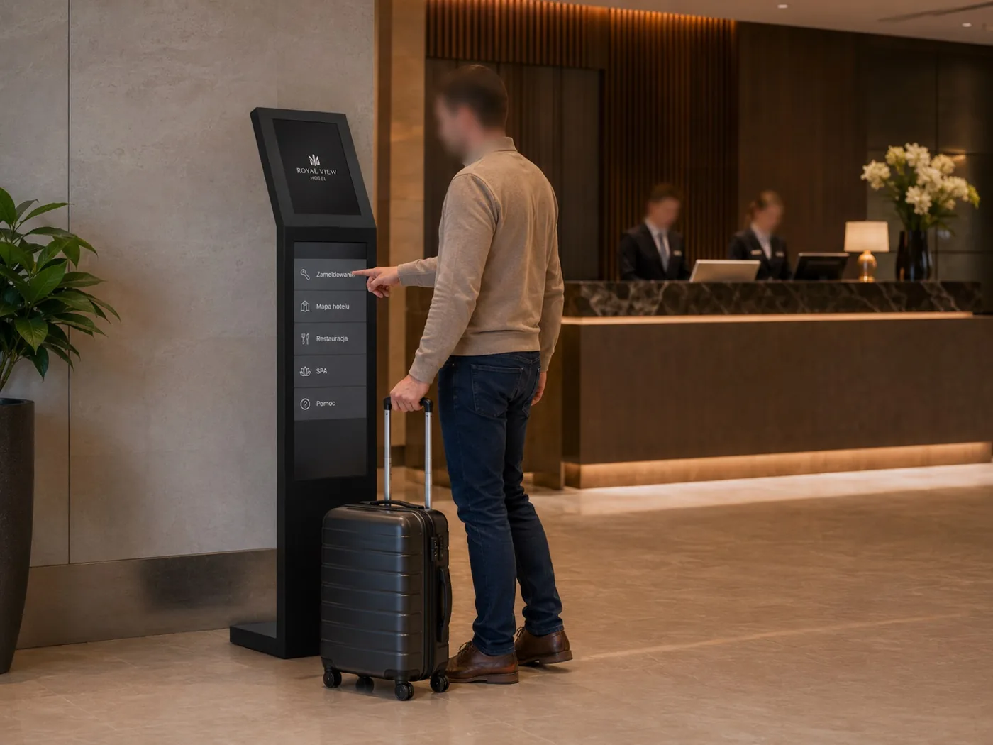 Infokiosk OISEN w lobby hotelu — check-in i mapa obiektu bez kolejki