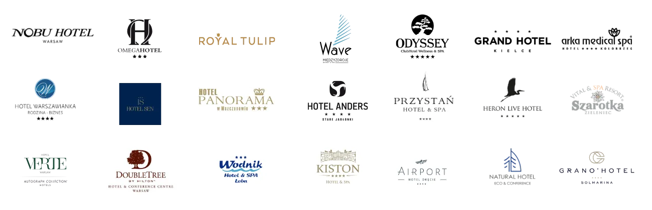 Logo klientów OISEN: NOBU Hotel, Royal Tulip, Odyssey, Grand Hotel, Arka Medical Spa, Hotel Anders, Przystań Hotel & SPA, DoubleTree, Heron Live Hotel, Kiston i inne